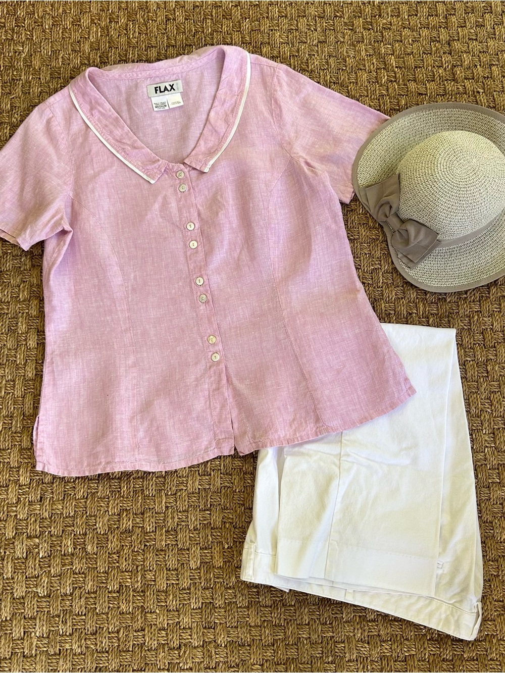 FLAX by Jeanne Engelhart Women's Medium Soft Pink Linen Button-Front Blouse.